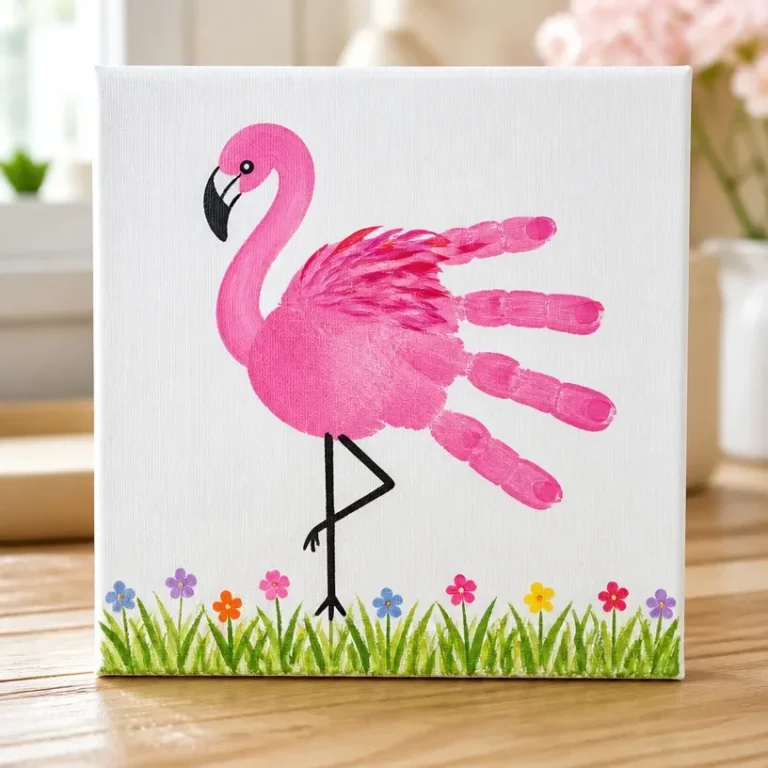 Flamingo handprint canvas keepsake art for kids' crafts