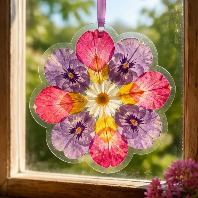 Kids crafting a flower petal suncatcher to decorate windows with color