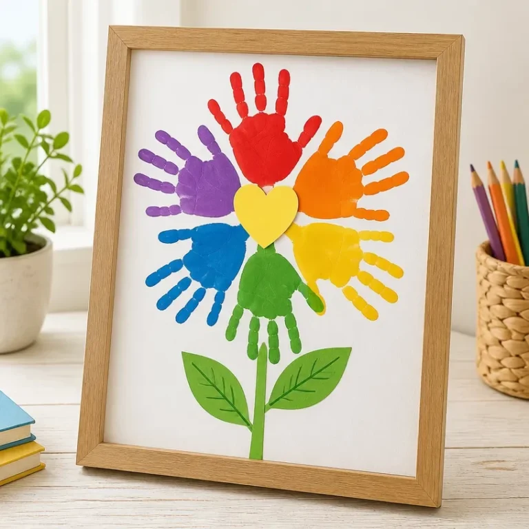 Handprint flower photo frame created as a gift for grandparents
