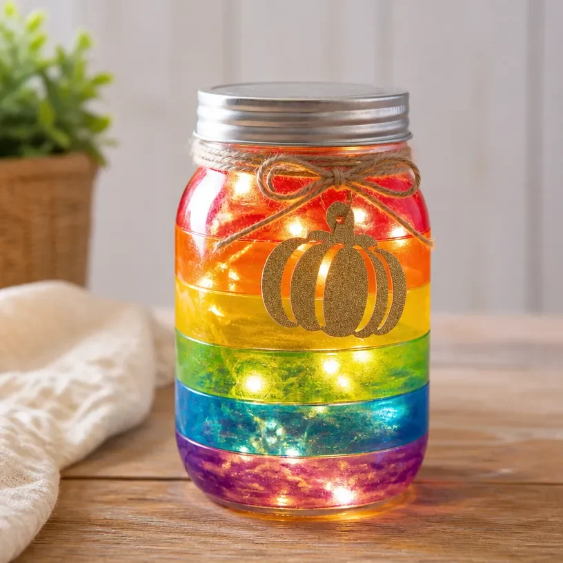 Iridescent Rainbow Pumpkin jar lantern with fairy lights for fall decoration