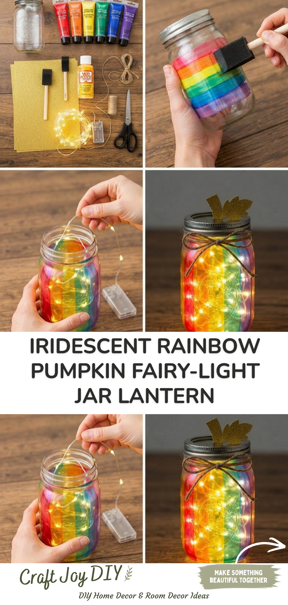 Iridescent Rainbow Pumpkin Fairy-Light Jar Lantern