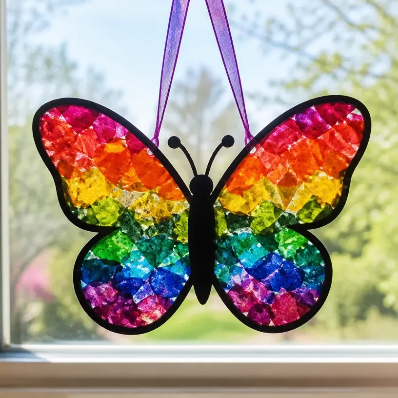 Vibrant melted crayon butterfly suncatcher craft for kids