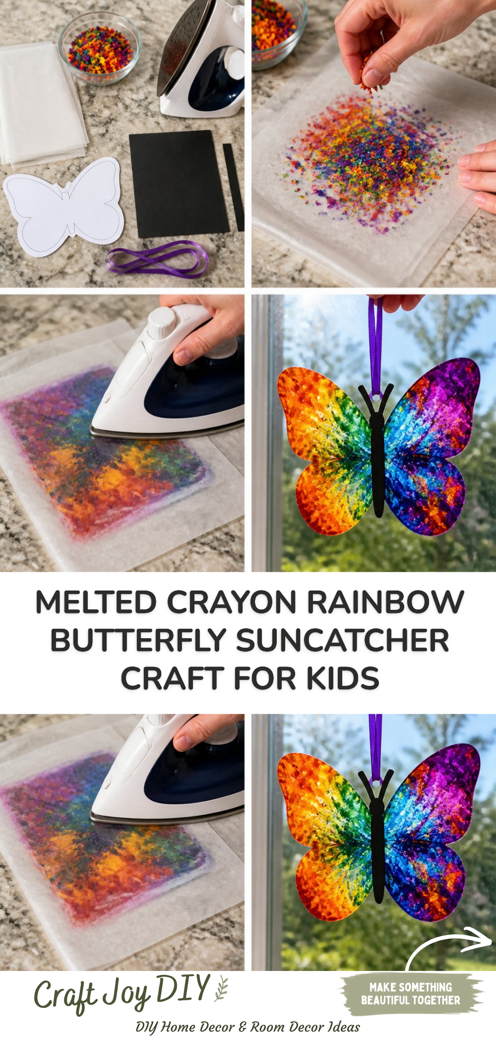 Melted Crayon Rainbow Butterfly Suncatcher Craft for Kids