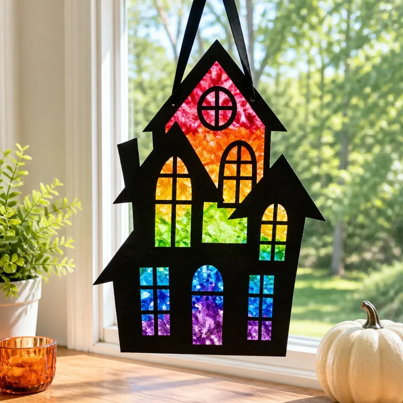 DIY Melted Crayon Rainbow Suncatcher: Haunted House Craft