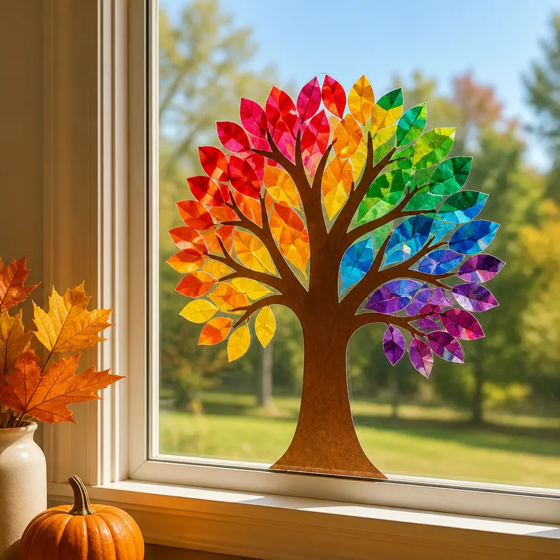 Autumn Window Art: Melted Crayon Rainbow Tree for Decor