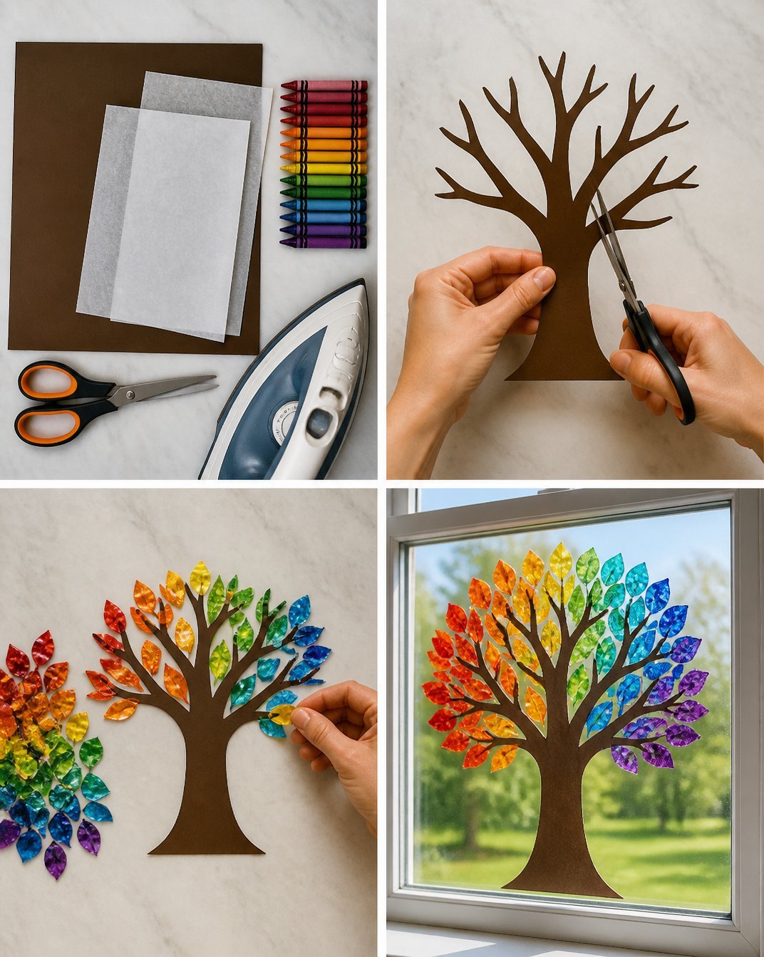 Autumn Window Art: Melted Crayon Rainbow Tree for Decor