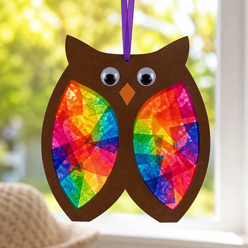 Melted Rainbow Crayon Owl Suncatcher