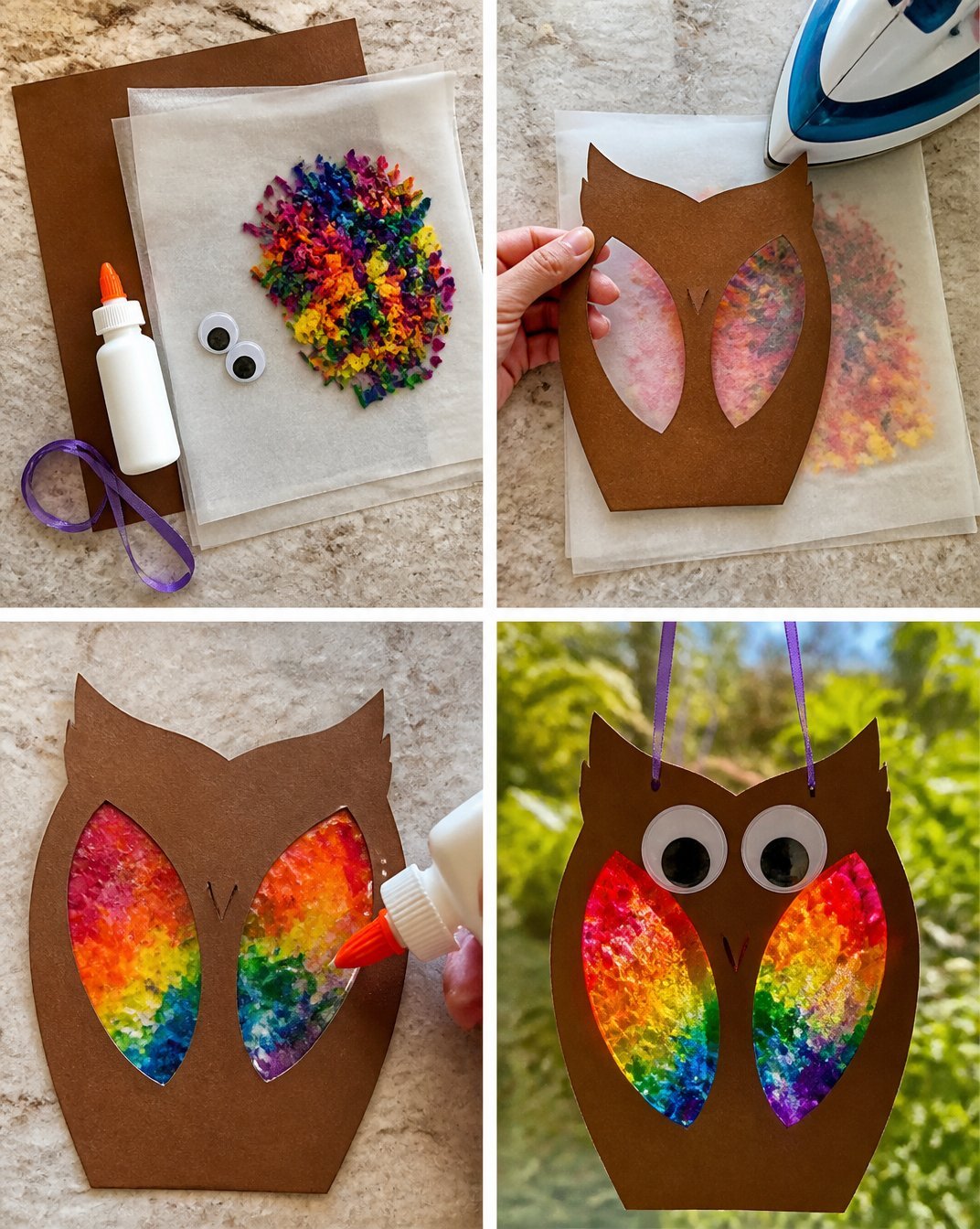 Melted Rainbow Crayon Owl Suncatcher