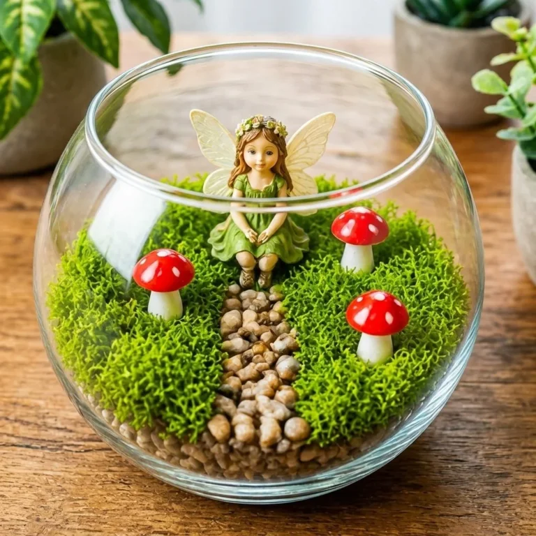 Mini moss fairy garden in a beautiful glass bowl with decorative elements.