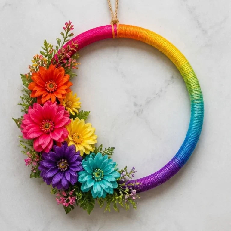 Colorful ombre yarn wrapped flower hoop ornament craft for home decor