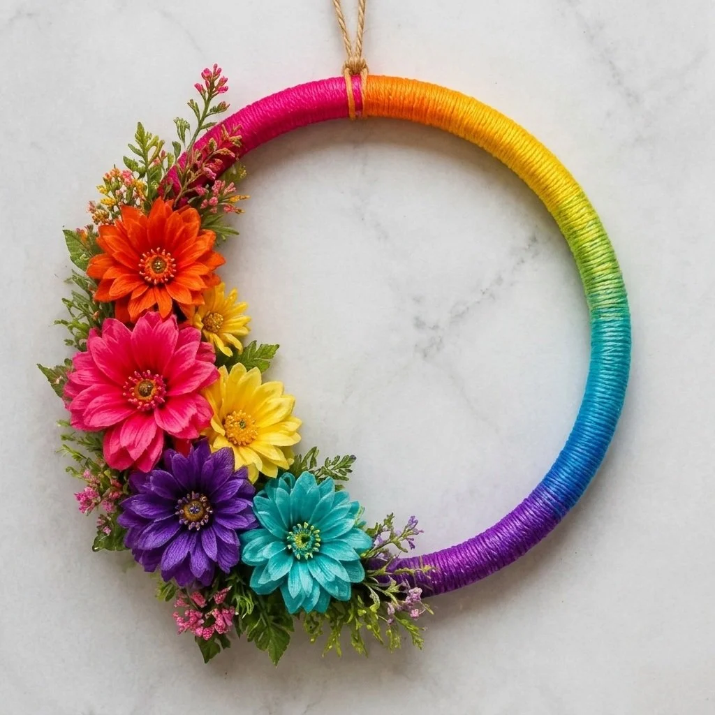 Colorful ombre yarn wrapped flower hoop ornament craft for home decor
