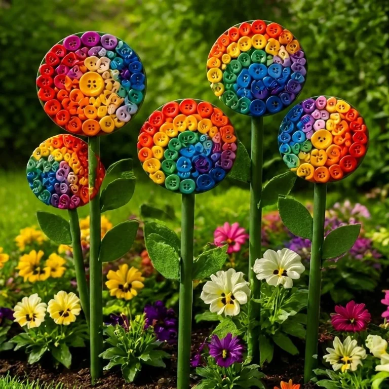 Oversized rainbow button garden stakes for vibrant outdoor decor