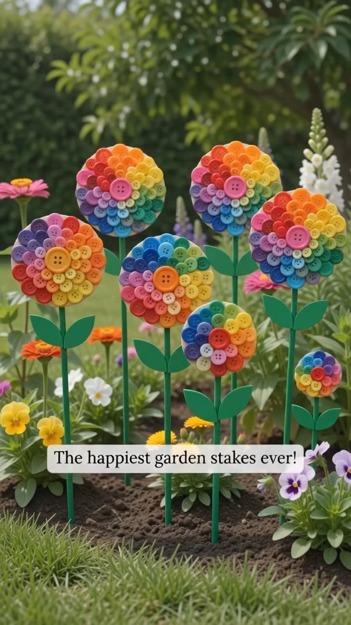 Oversized Rainbow Button Garden Stakes for Outdoor Decor