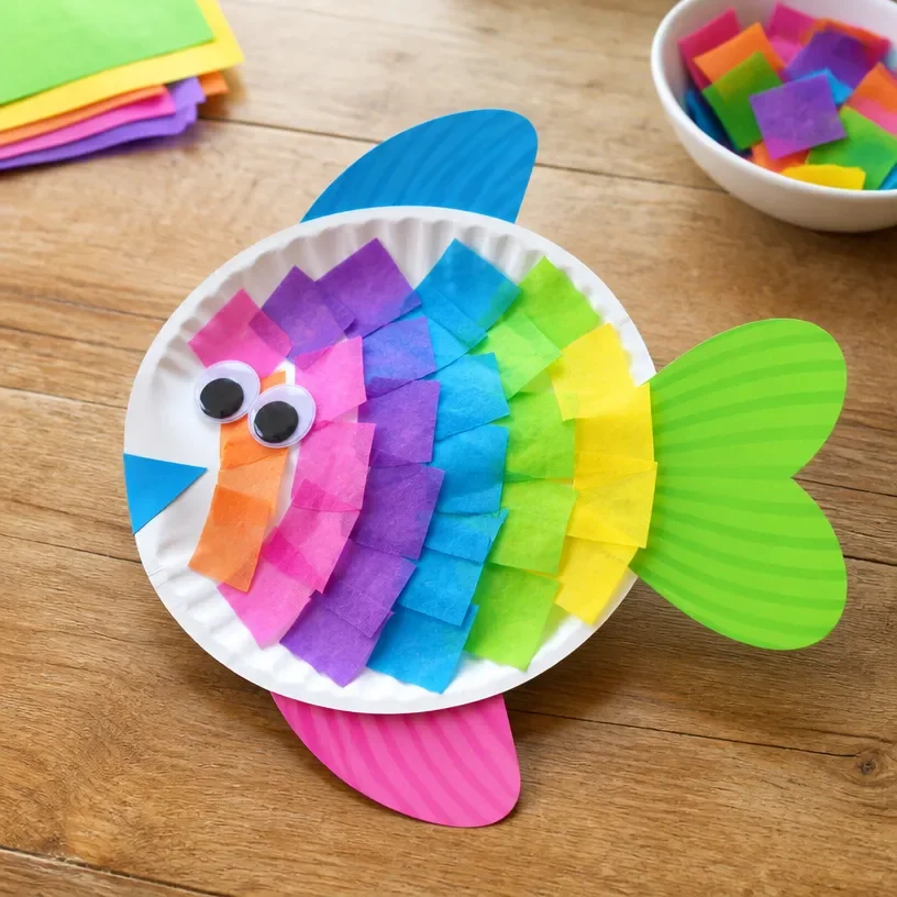 Colorful paper plate fish craft for kids, showcasing creativity and fun.