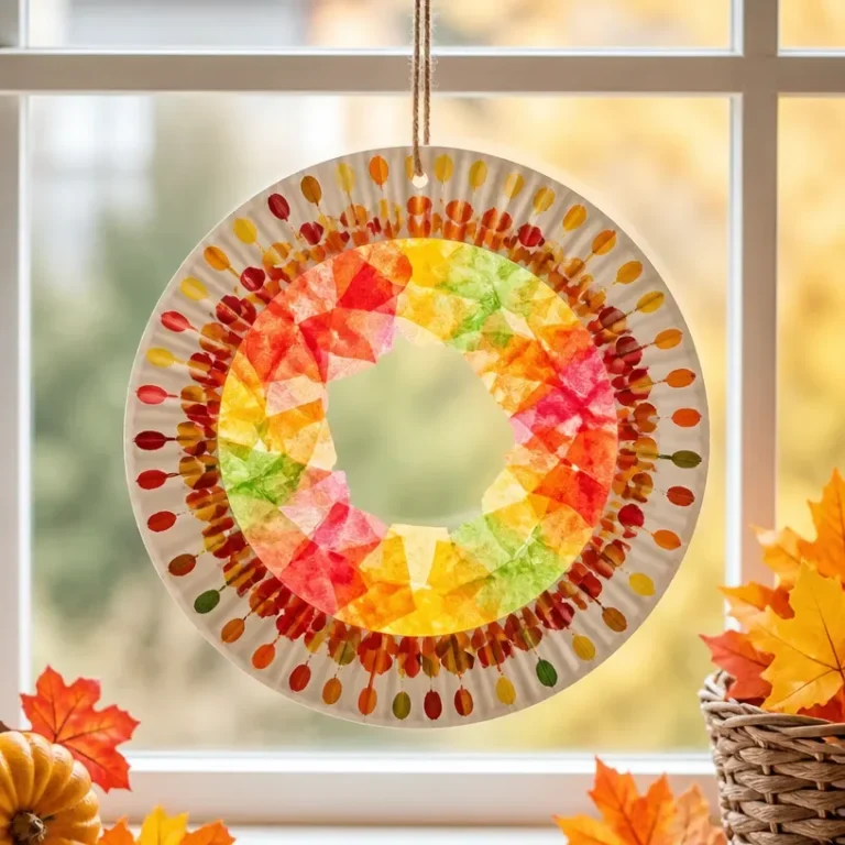 Kids crafting a colorful stained-glass fall wreath using paper plates.