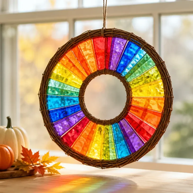 Colorful paper plate stained-glass fall wreath craft for kids