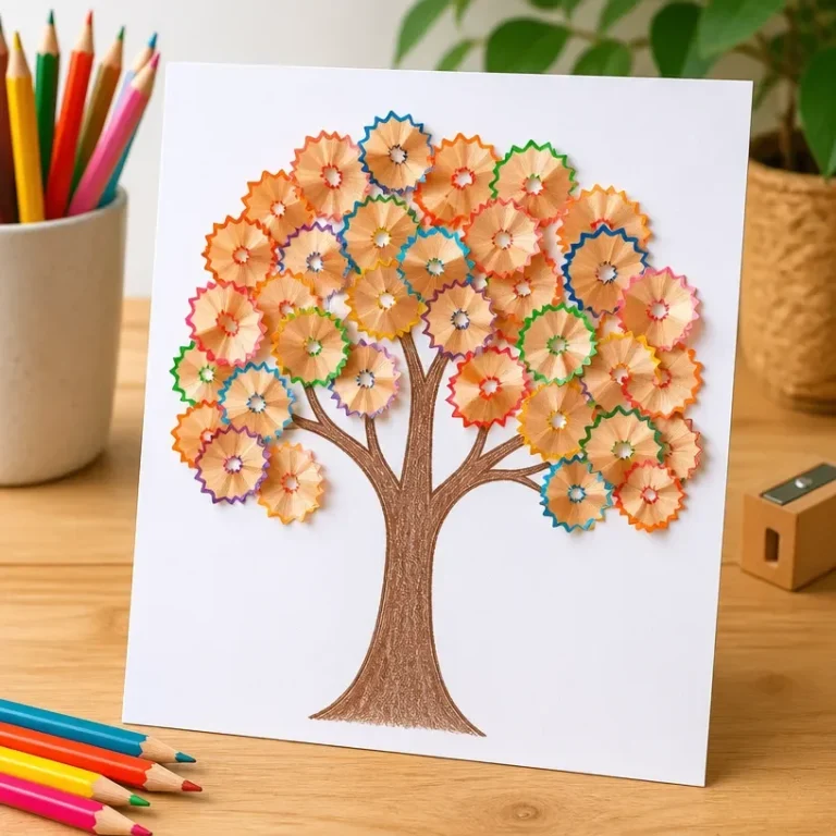Kids creating Autumn Tree Art using pencil shavings for a colorful project.