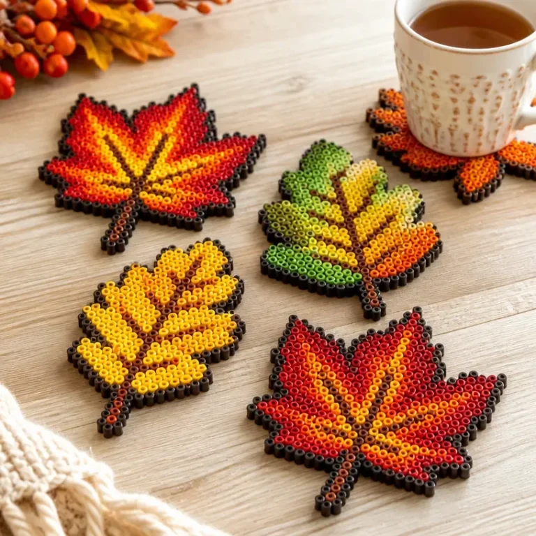 Colorful Perler bead autumn leaf coasters for fall decoration