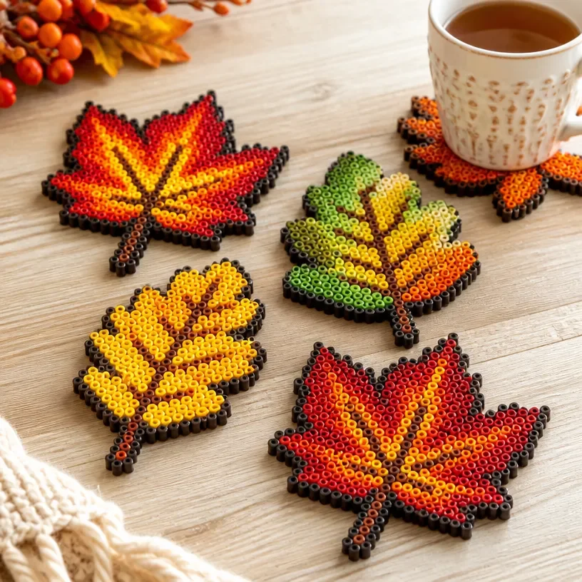 Colorful Perler bead autumn leaf coasters for fall decoration