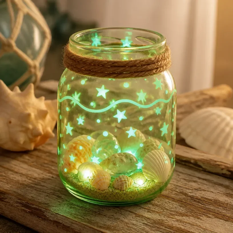 Phosphorescent seashell jar for ambient nighttime home decor