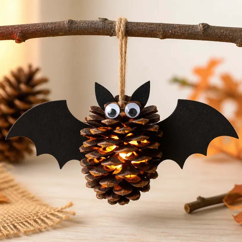 Pine cone bat craft used for Halloween decorations