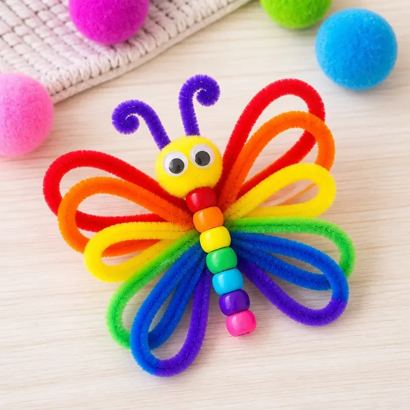 Colorful pipe cleaner butterfly craft made by kids with vibrant designs.