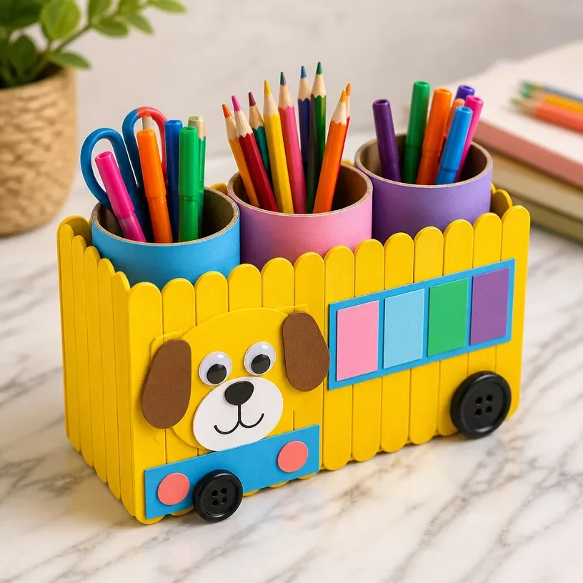 Popsicle-stick organizer craft for kids in the shape of a rainbow puppy school bus.