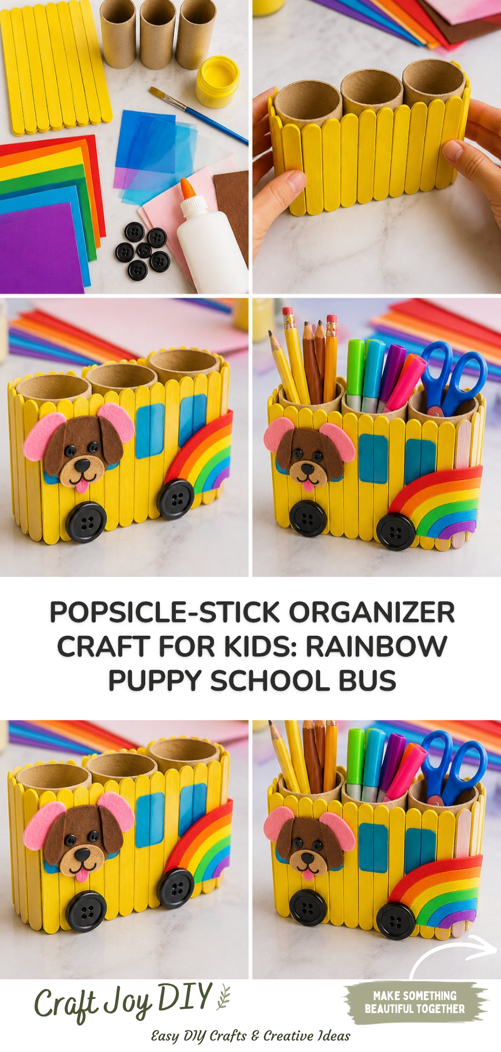 Popsicle-Stick Organizer Craft for Kids: Rainbow Puppy School Bus