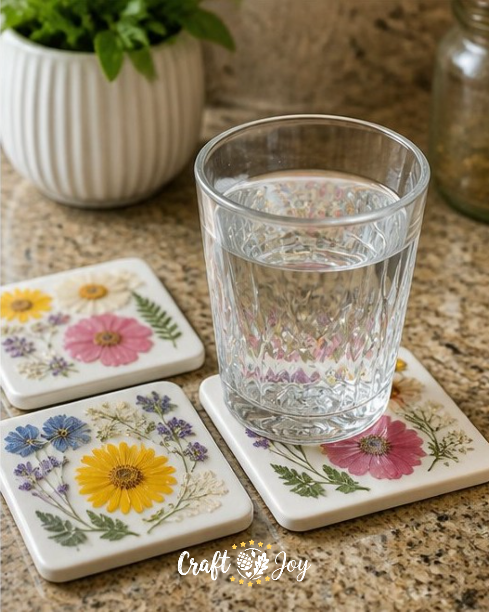 Pressed Floral Coaster Set with Real Pressed Flowers
