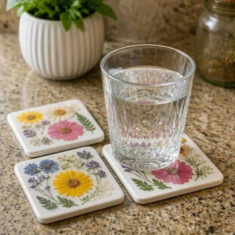 Set of pressed floral coasters featuring real pressed flowers for home decor