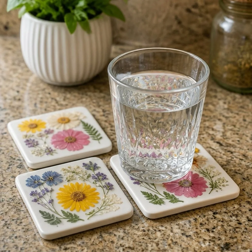 Set of pressed floral coasters featuring real pressed flowers for home decor