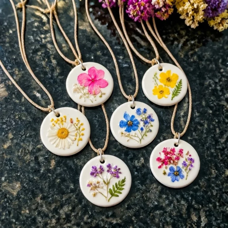 Pressed flower jewelry made with air-dry clay showcasing natural floral beauty.