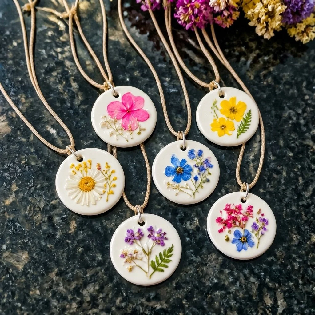 Pressed flower jewelry made with air-dry clay showcasing natural floral beauty.