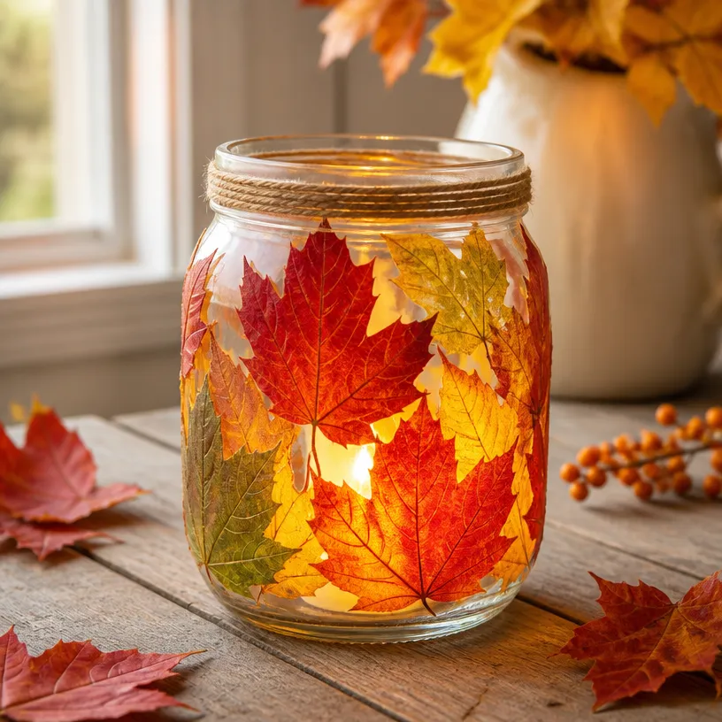 Pressed Leaf Mason Jar Fall Lantern