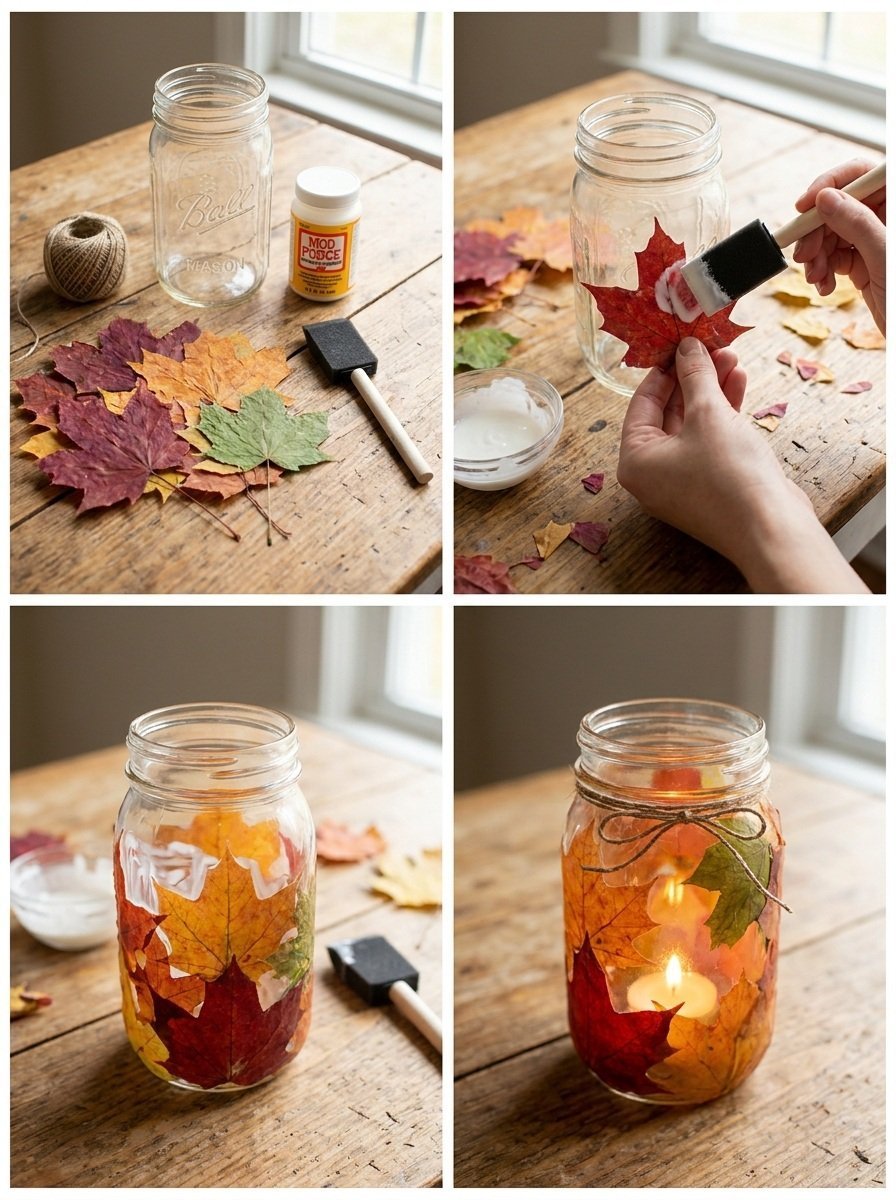 Pressed Leaf Mason Jar Fall Lantern