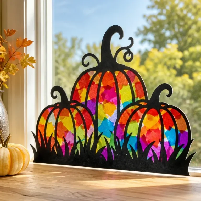Colorful pumpkin patch window suncatcher craft for fall home decor
