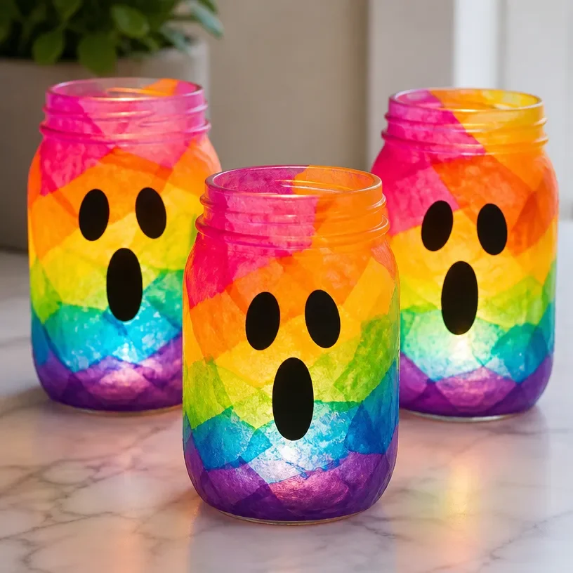 Radiant rainbow ghost lanterns glowing in the dark for enchanting nights