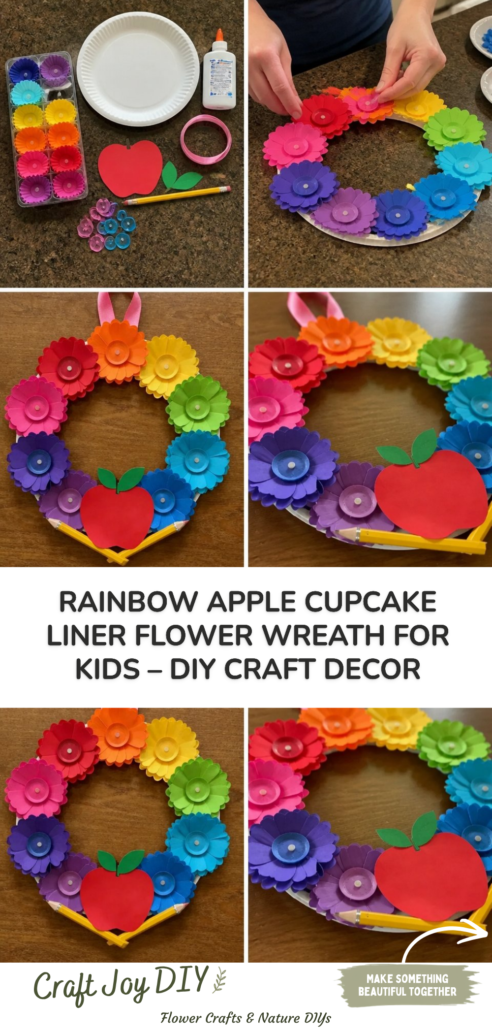Rainbow Apple Cupcake Liner Flower Wreath for Kids – DIY Craft Decor