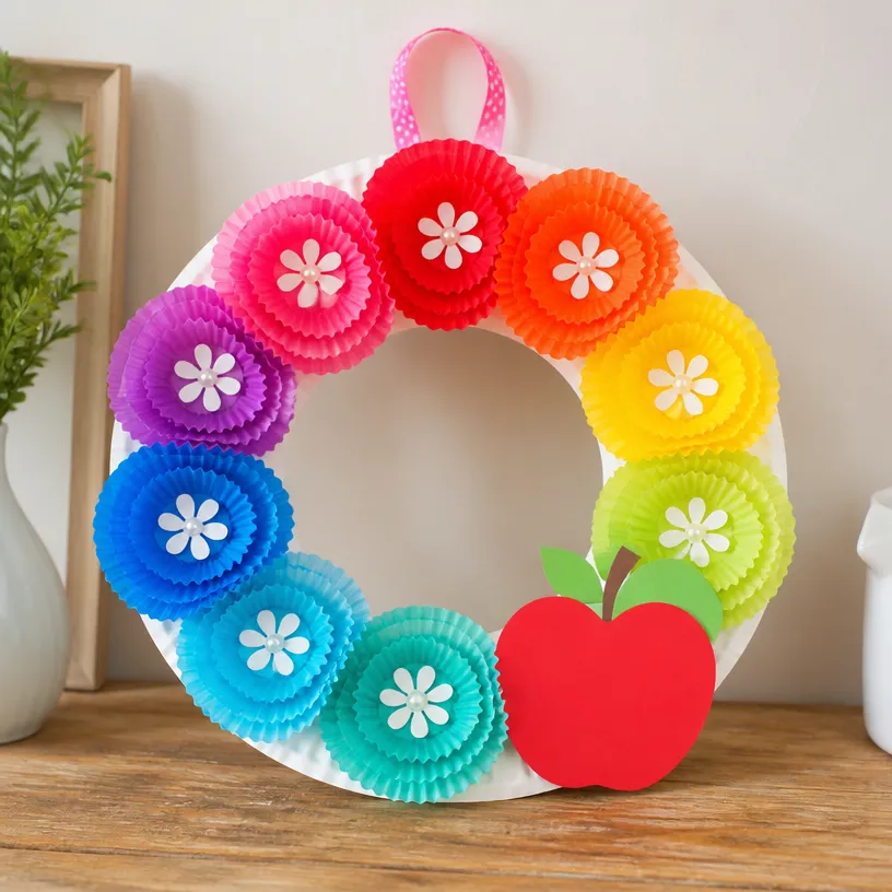 Rainbow Apple Cupcake Liner Flower Wreath for Kids – DIY Craft Decor