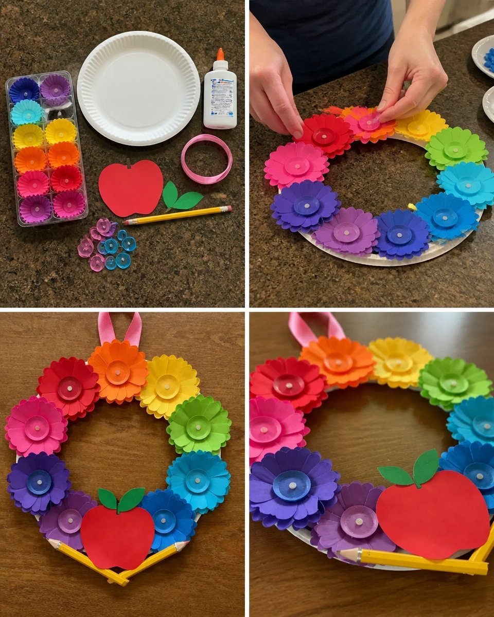 Rainbow Apple Cupcake Liner Flower Wreath for Kids – DIY Craft Decor