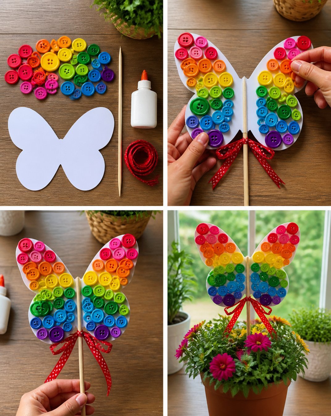 Giant Rainbow Button Butterfly Garden Stake - Decorative Garden Pick