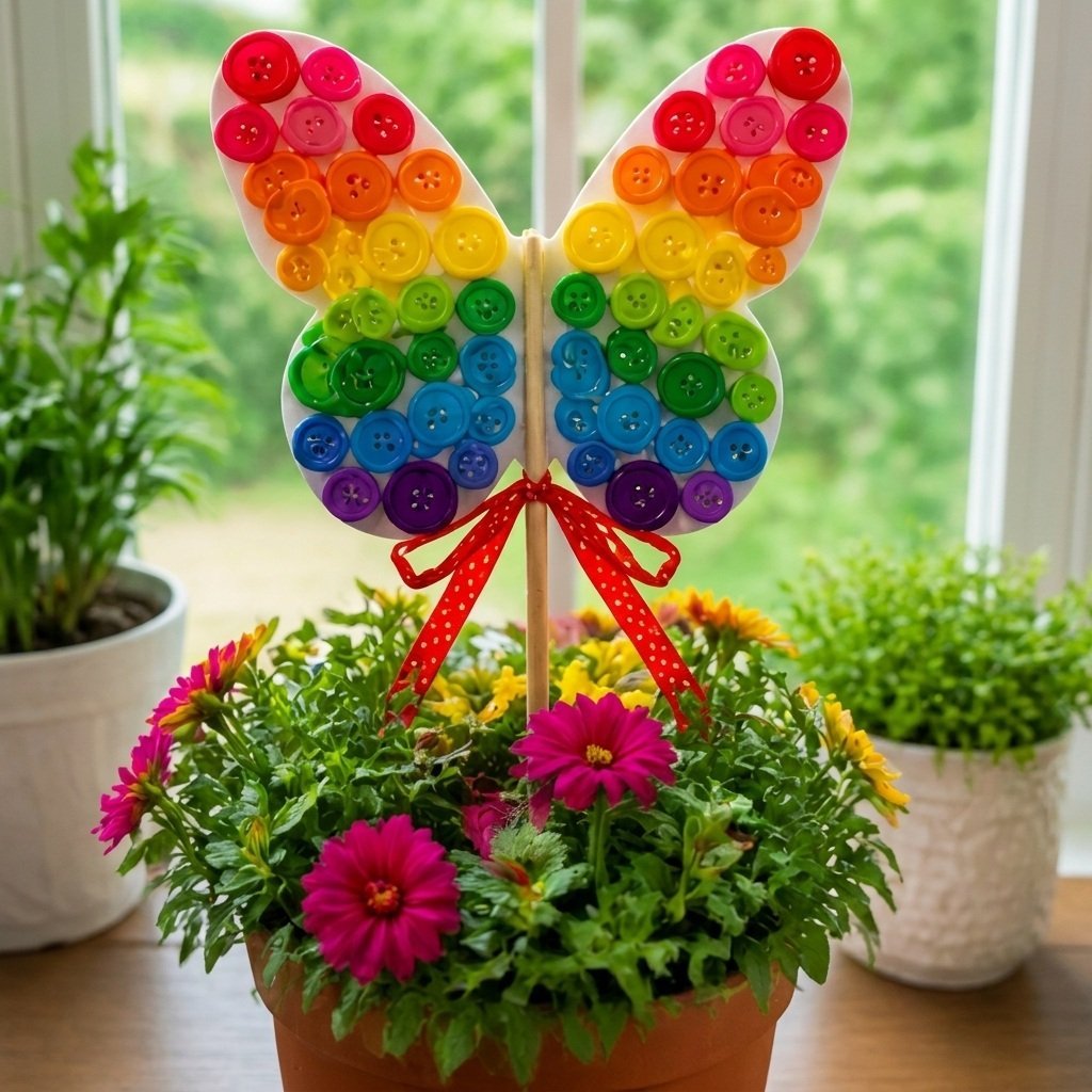Giant Rainbow Button Butterfly Garden Stake - Decorative Garden Pick