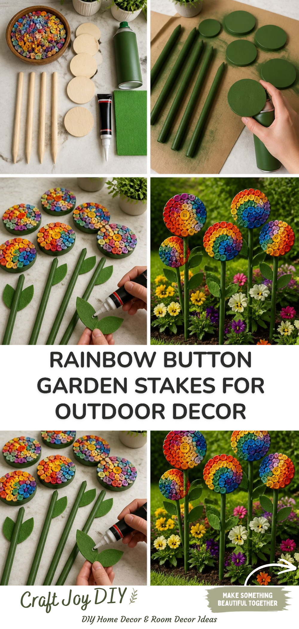 Rainbow Button Garden Stakes for Outdoor Decor