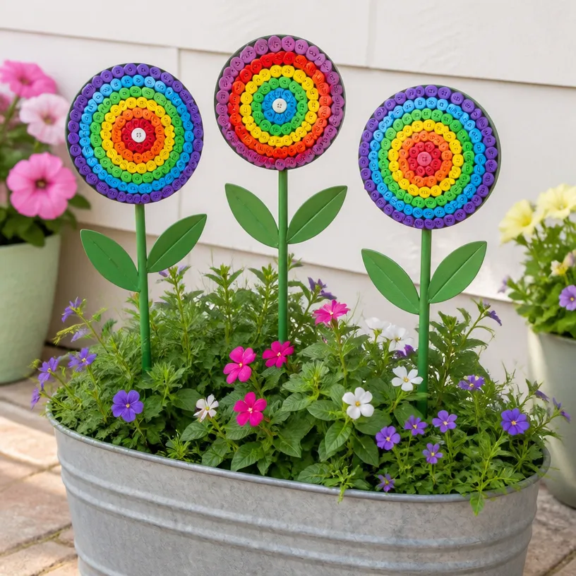 Large Rainbow Button Garden Stakes for Outdoor Decor