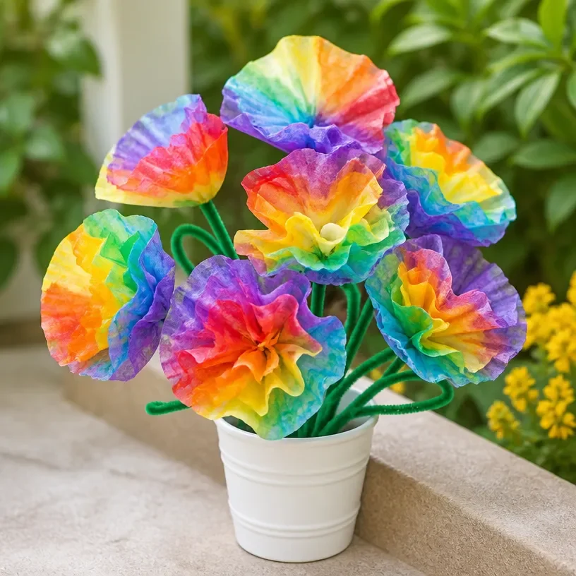 Colorful Rainbow Coffee Filter Bouquet arranged for garden-inspired decor.