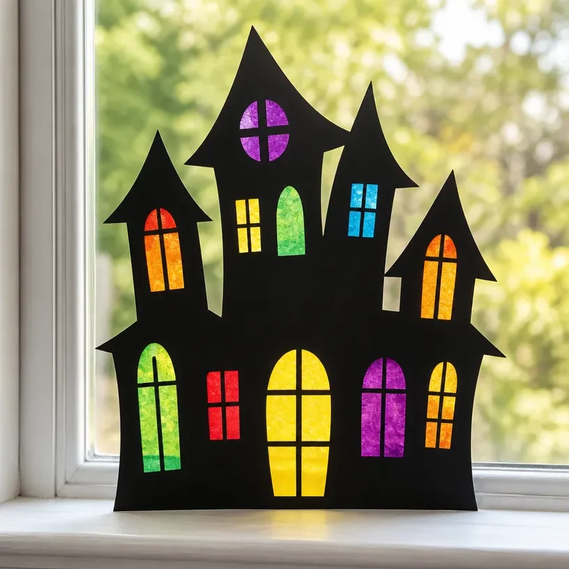 Rainbow-colored haunted house window decoration for Halloween spooky vibes