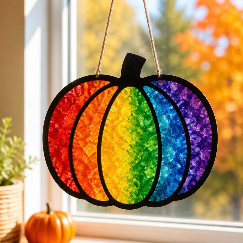 DIY Rainbow Crayon Pumpkin Suncatcher
