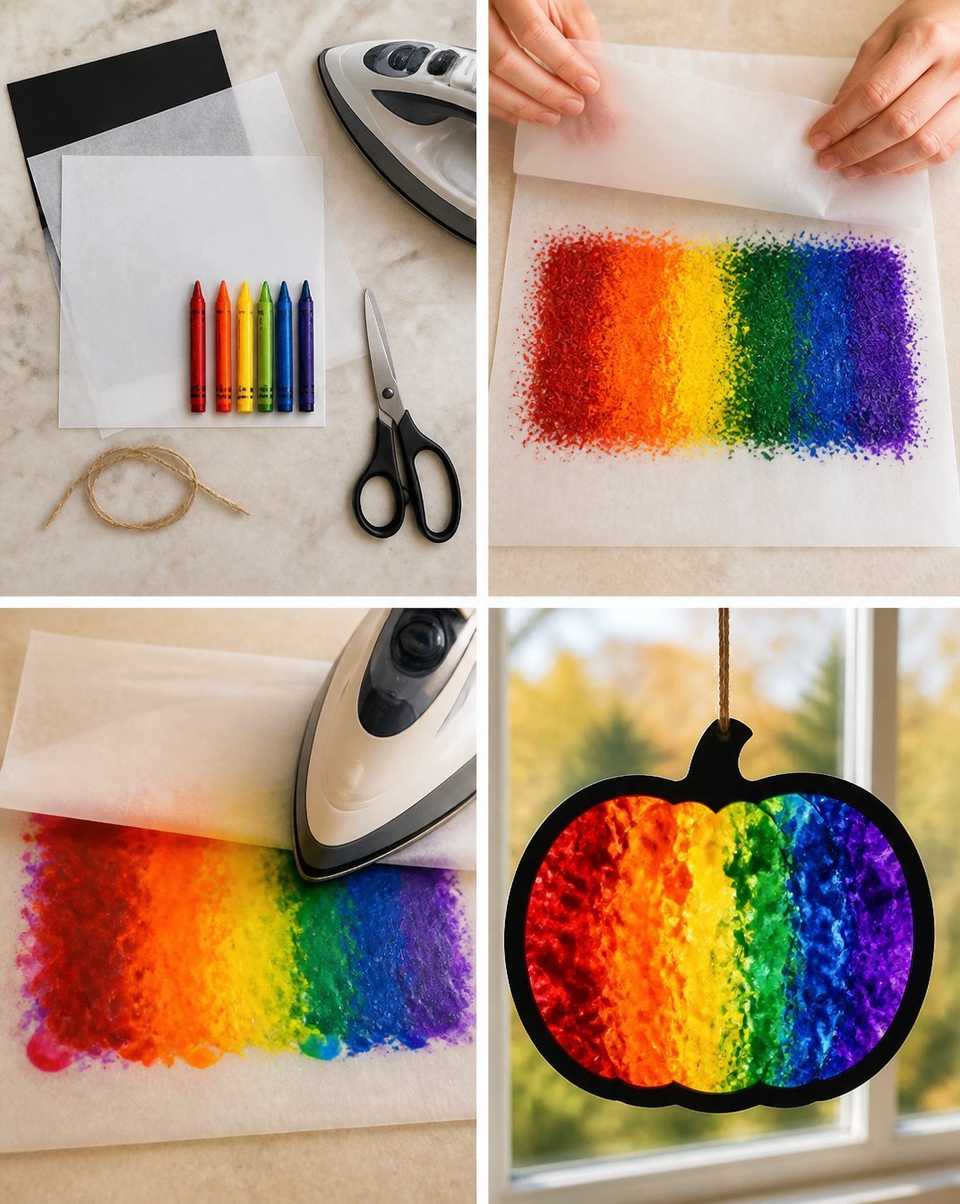 DIY Rainbow Crayon Pumpkin Suncatcher
