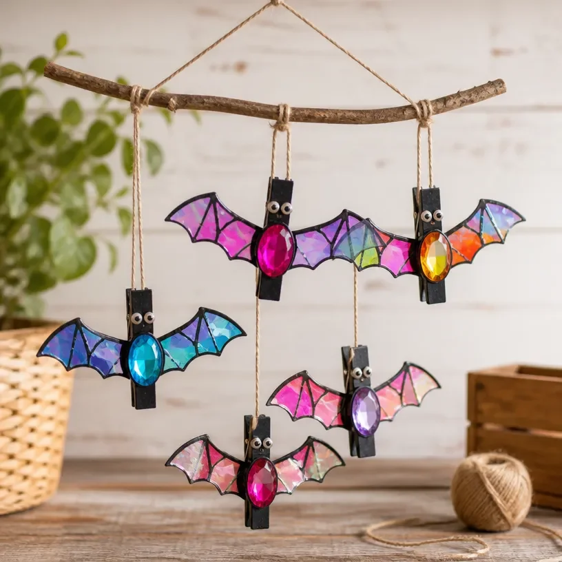 Rainbow Crystal Bat Clothespin Mobile kids craft made with colorful materials
