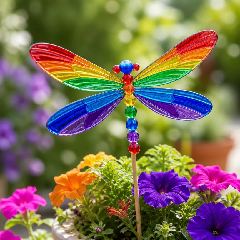 Rainbow-Colored Dragonfly Garden Suncatcher for Outdoor Decor